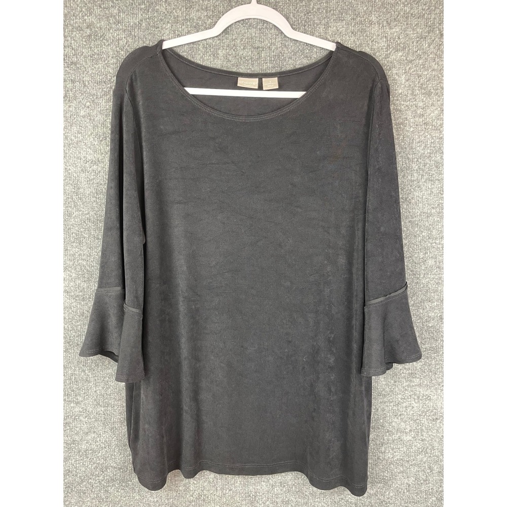 Chico's Travelers Top Women 3 XL Black Excellent Ruffle Sleeve Scoop Neck Slub